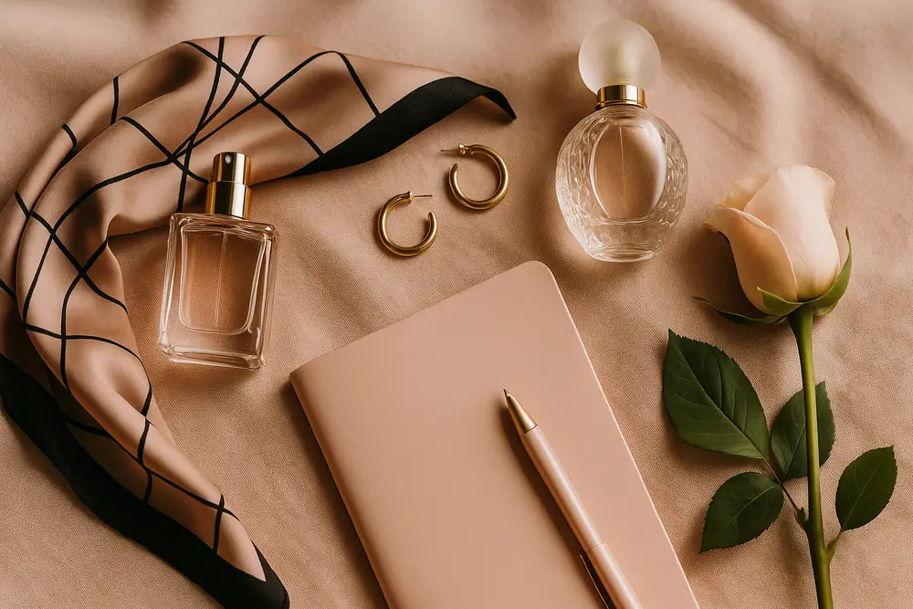 Composition élégante d’accessoires de mode et de beauté sur tissu nude, avec parfums, foulard, bijoux et carnet féminin