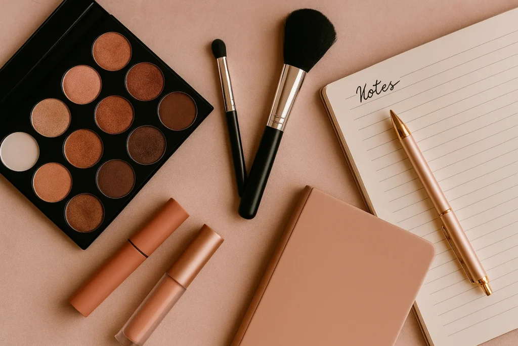 Flatlay beauté avec palette d’ombres à paupières, pinceaux de maquillage, carnet et produits nude sur fond rosé