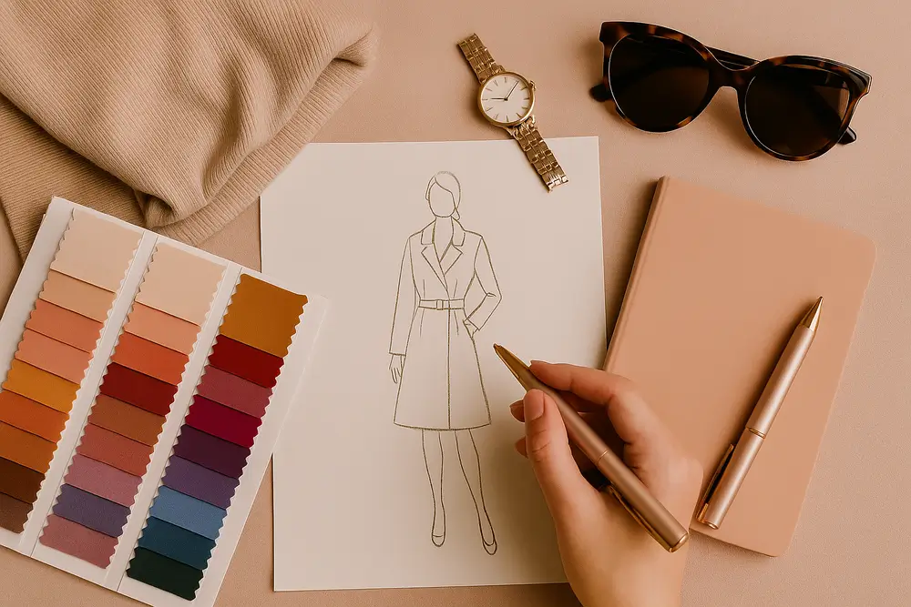 Bureau de créatrice mode avec croquis de manteau, nuancier de couleurs, lunettes, montre et carnet sur fond nude