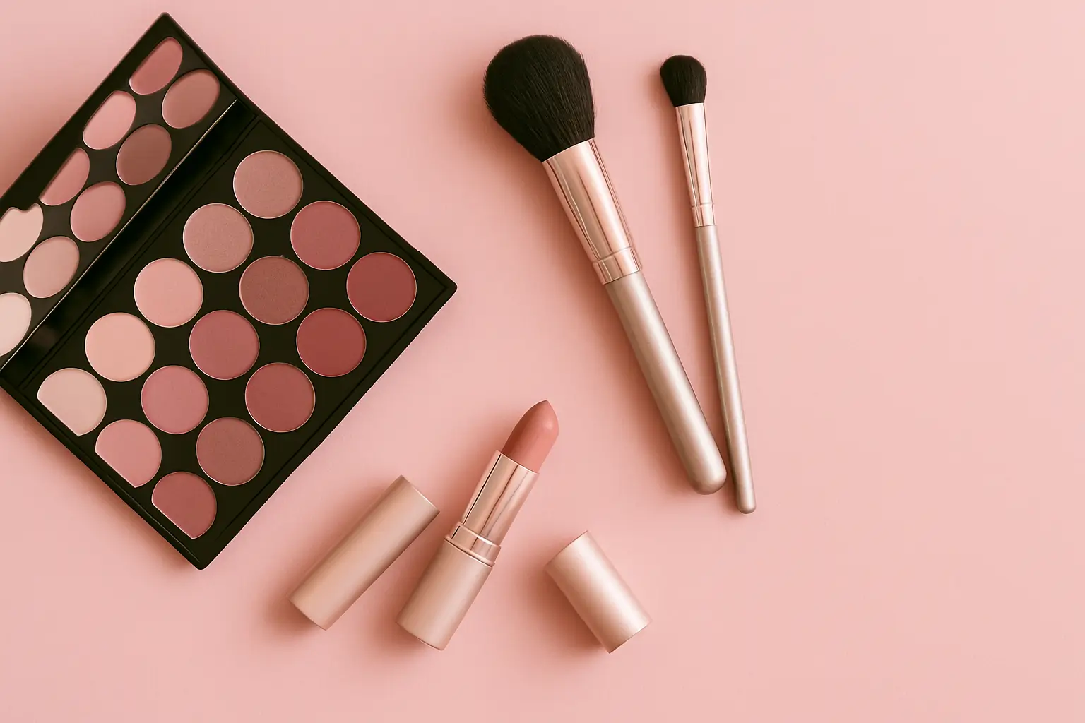 Flatlay maquillage en tons rosés avec palette d’ombres, pinceaux et rouge à lèvres sur fond rose pastel