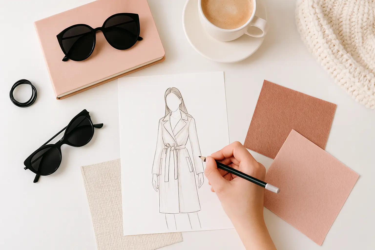 Main dessinant un croquis de manteau sur un bureau décoré d’accessoires de mode dans des tons rosés