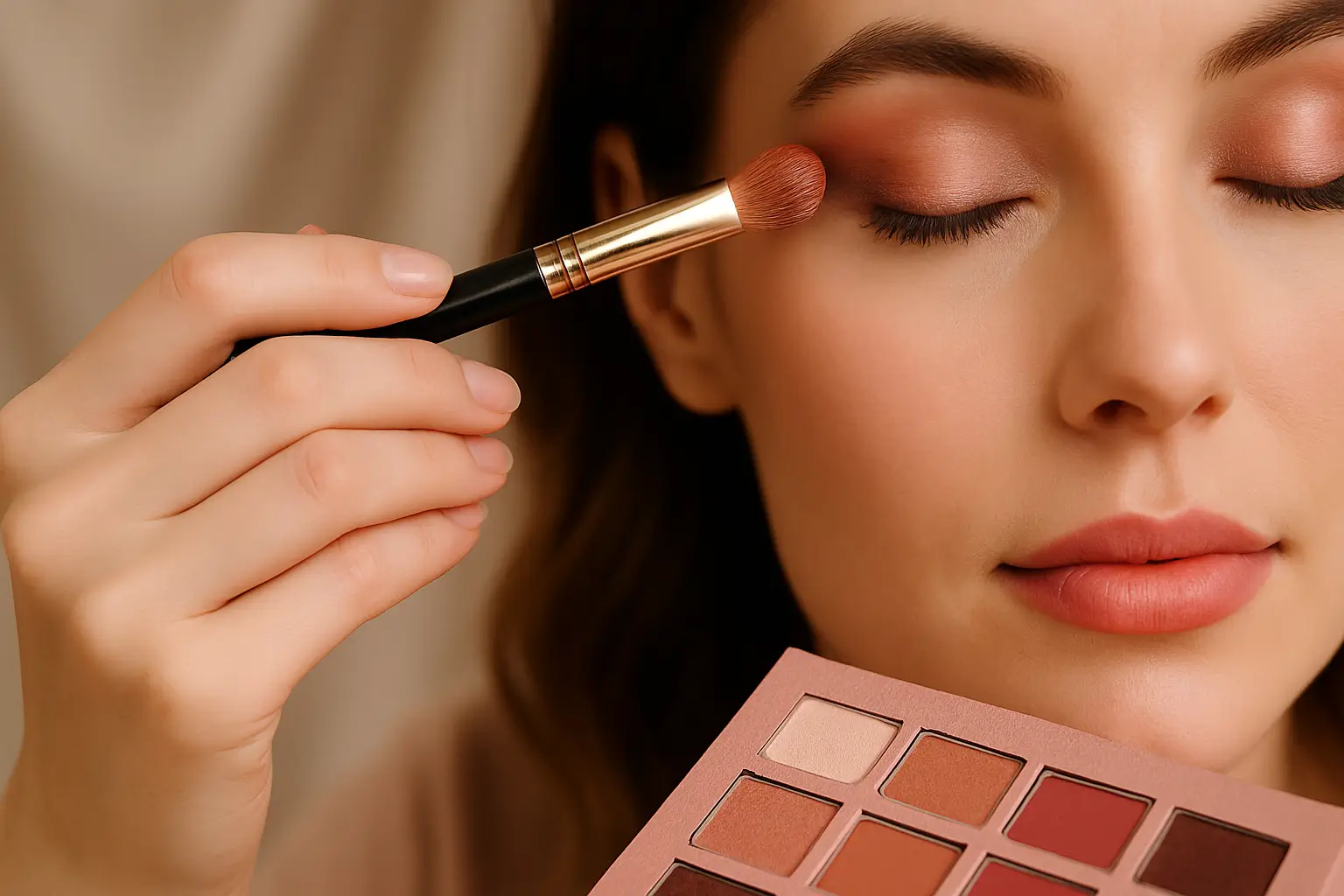 Scène beauté douce et moderne aux tons rosés, ambiance élégante pour un site mode et maquillage